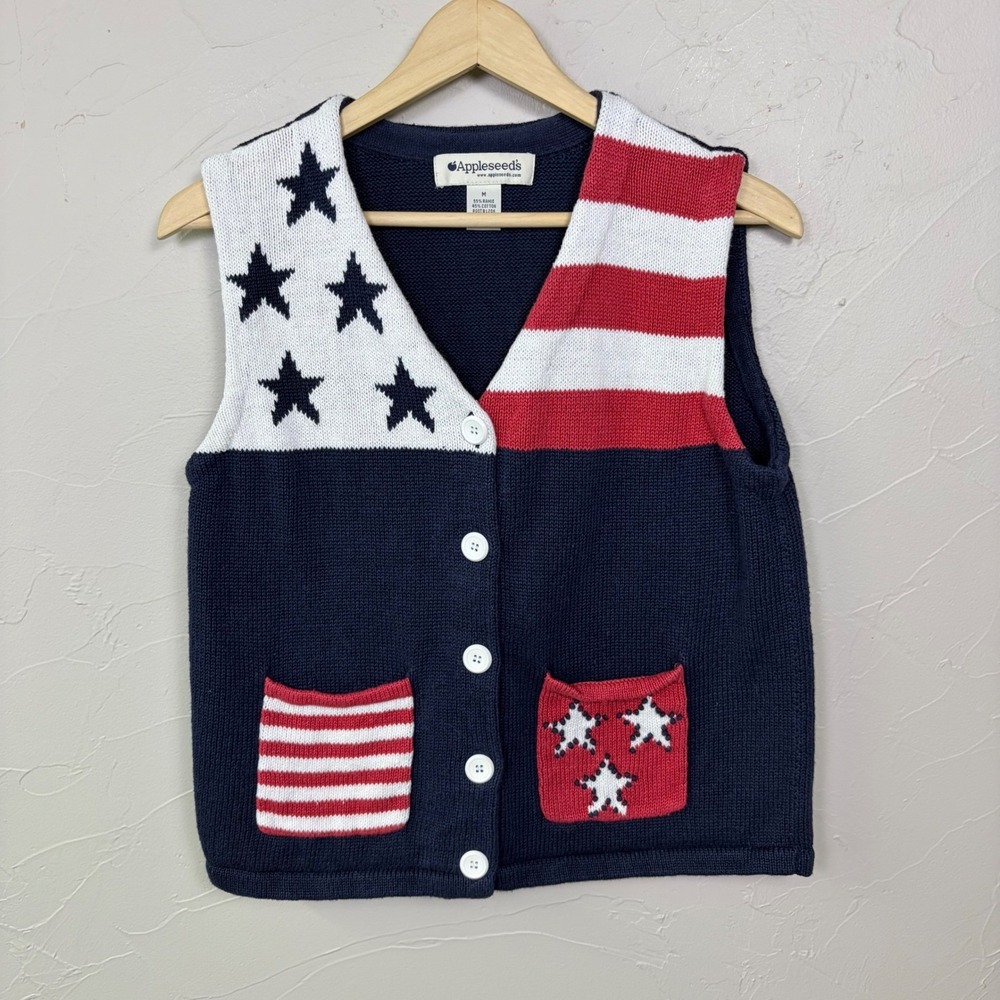 Vintage American Flag Knit Vest Womens Medium Stars Stripes USA Americana